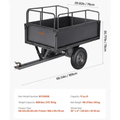 VEVOR Garden Utility Trailer, 17 Cu. Ft & 600lbs Capacity, ATV UTV Hauling Trailer, Tow Behind Steel Dump Cart with 16