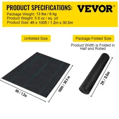VEVOR Garden Weed Barrier Fabric, 5.8 OZ Heavy Duty Landscape Fabric, 4ft x 100ft Weed Block Control for Garden Ground Cover, Woven Geotextile Fabric for Landscaping, Gardening, Underlayment, Black