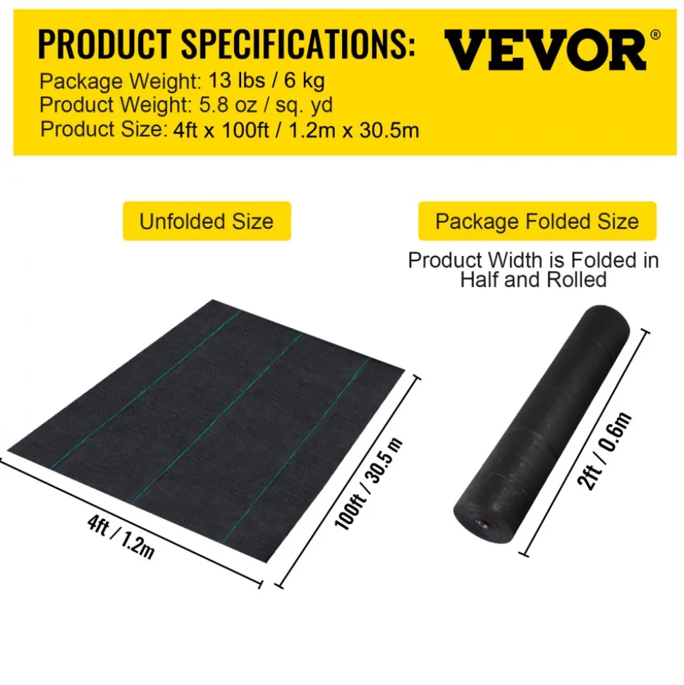 VEVOR Garden Weed Barrier Fabric, 5.8 OZ Heavy Duty Landscape Fabric, 4ft x 100ft Weed Block Control for Garden Ground Cover, Woven Geotextile Fabric for Landscaping, Gardening, Underlayment, Black