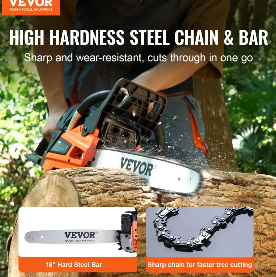 VEVOR Gas Chainsaw, 52CC 18" 2.55HP, Gasoline Powered Chain Saw, Handheld Cordless Petrol Chainsaws for Tree Wood Branch Cutting, Tree Trimming, Land Clearing, Farm Garden Ranch Forest Cutting Use