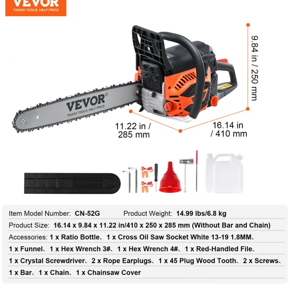 VEVOR Gas Chainsaw, 52CC 18" 2.55HP, Gasoline Powered Chain Saw, Handheld Cordless Petrol Chainsaws for Tree Wood Branch Cutting, Tree Trimming, Land Clearing, Farm Garden Ranch Forest Cutting Use