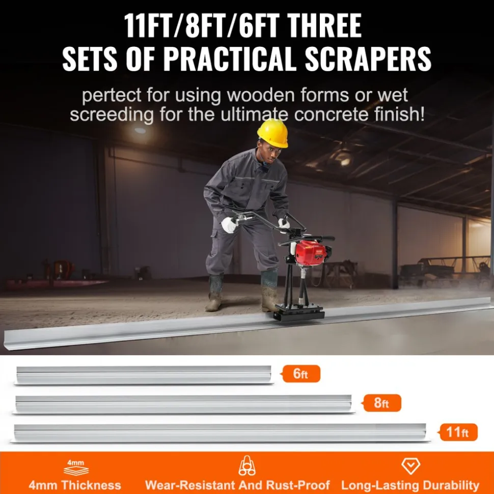 VEVOR Gas Concrete Power Screed, 6ft/8ft/11ft Aluminum Board Straight Edge Bar Set, 4 Stroke Cement Finishing Vibrating Motor w/ Height Adjustable Handles, High Efficient Concrete Tool 6500RPM