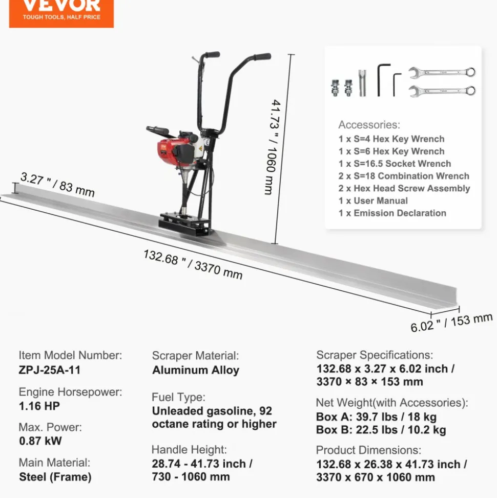 VEVOR Gas Concrete Power Screed, 11ft Aluminum Board Straight Edge Bar Set, 4 Stroke Cement Finishing Vibrating Motor with Height Adjustable Handles, High Efficient Concrete Tools 6500RPM