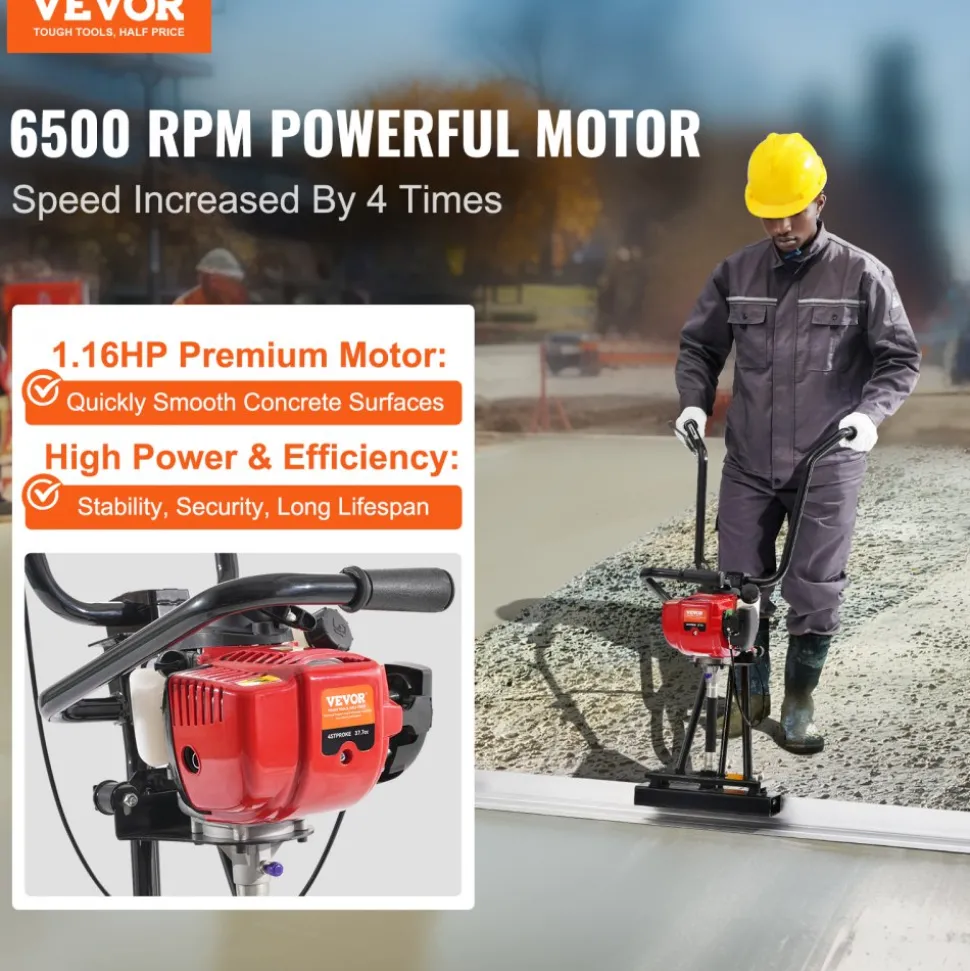 VEVOR Gas Concrete Power Screed, 11ft Aluminum Board Straight Edge Bar Set, 4 Stroke Cement Finishing Vibrating Motor with Height Adjustable Handles, High Efficient Concrete Tools 6500RPM