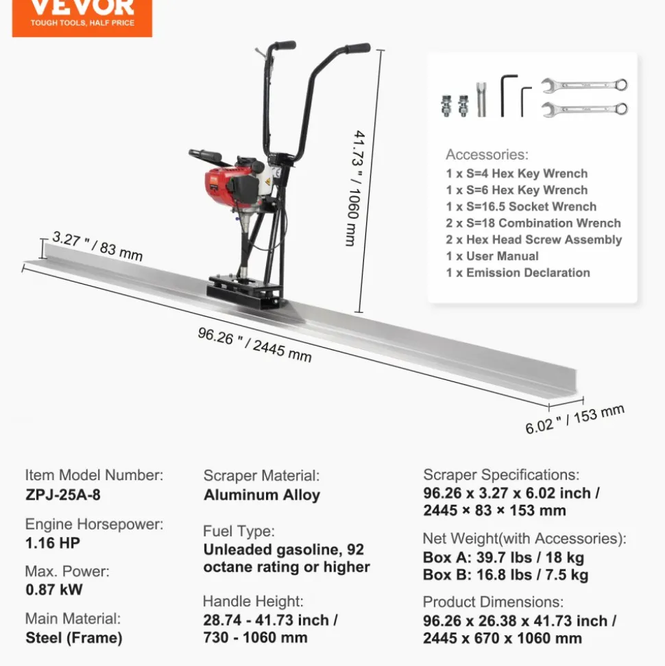 VEVOR Gas Concrete Power Screed, 6ft Aluminum Board Straight Edge Bar Set, 4 Stroke Cement Finishing Vibrating Motor with Height Adjustable Handles, High Efficient Concrete Tools 6500RPM
