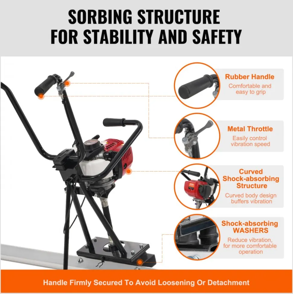 VEVOR Gas Concrete Power Screed, 6ft Aluminum Board Straight Edge Bar Set, 4 Stroke Cement Finishing Vibrating Motor with Height Adjustable Handles, High Efficient Concrete Tools 6500RPM