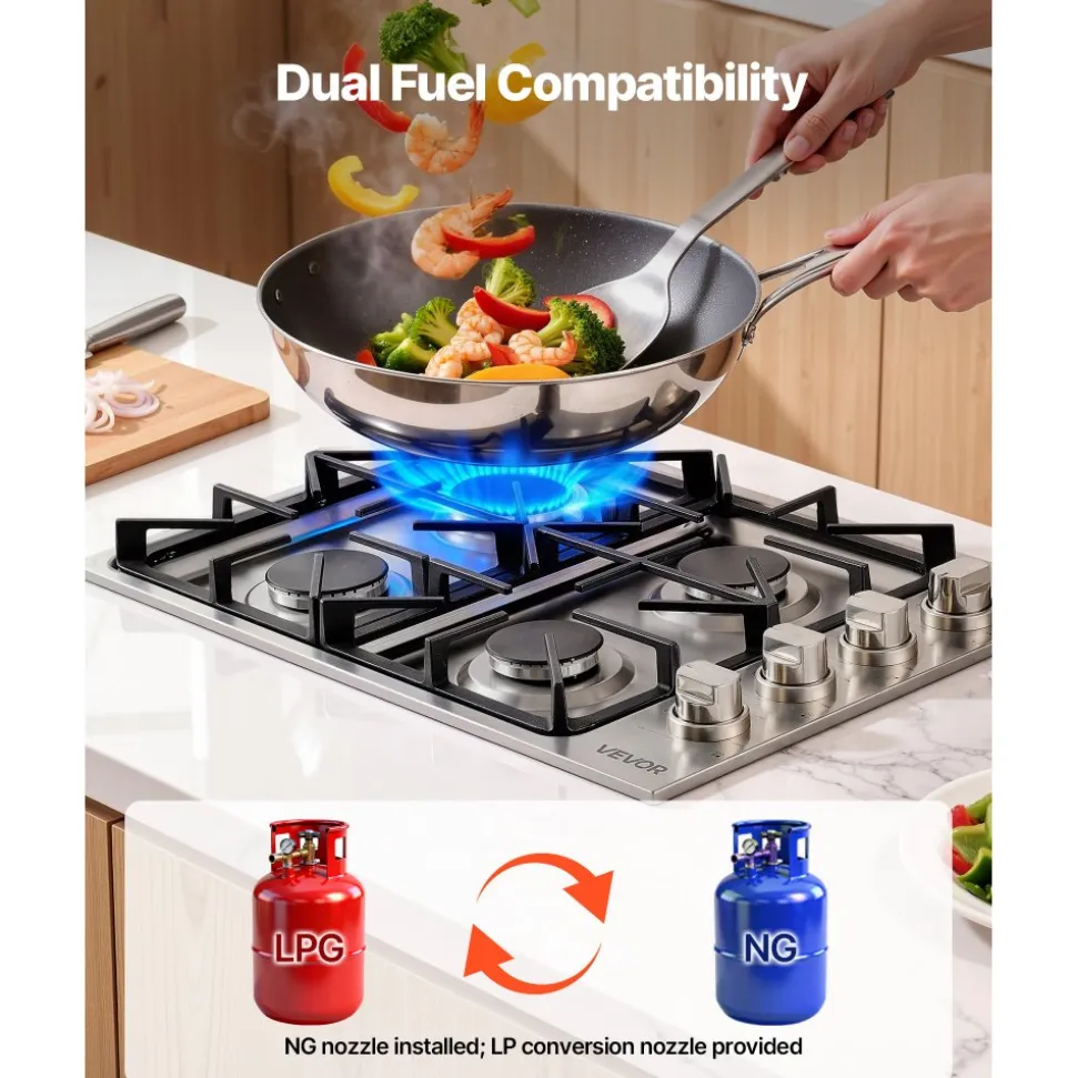 VEVOR Gas Cooktop, 30 inch 4 Burners Gas Stove Top, Max 48000BTU Built-in Stainless Steel Stove Top LPG/NG Convertible Dual Fuel Cooktop Stoves with Sealed Burner for Sear, Stew, Boil, Stir-Fry