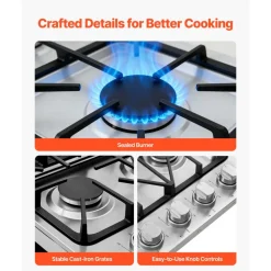 VEVOR Gas Cooktop, 30 inch 4 Burners Gas Stove Top, Max 48000BTU Built-in Stainless Steel Stove Top LPG/NG Convertible Dual Fuel Cooktop Stoves with Sealed Burner for Sear, Stew, Boil, Stir-Fry