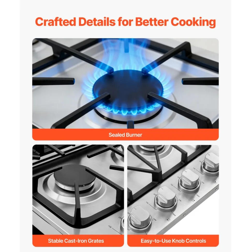 VEVOR Gas Cooktop, 30 inch 4 Burners Gas Stove Top, Max 48000BTU Built-in Stainless Steel Stove Top LPG/NG Convertible Dual Fuel Cooktop Stoves with Sealed Burner for Sear, Stew, Boil, Stir-Fry