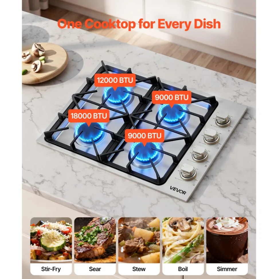VEVOR Gas Cooktop, 30 inch 4 Burners Gas Stove Top, Max 48000BTU Built-in Stainless Steel Stove Top LPG/NG Convertible Dual Fuel Cooktop Stoves with Sealed Burner for Sear, Stew, Boil, Stir-Fry