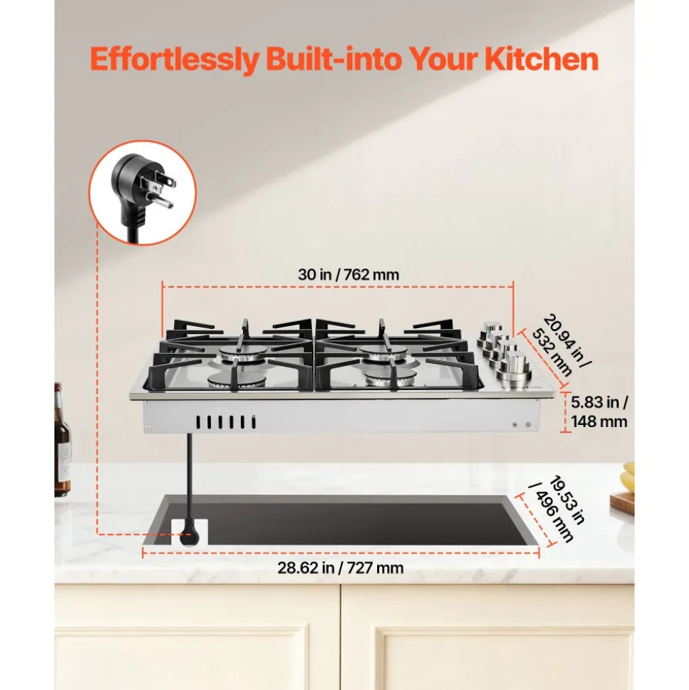 VEVOR Gas Cooktop, 30 inch 4 Burners Gas Stove Top, Max 48000BTU Built-in Stainless Steel Stove Top LPG/NG Convertible Dual Fuel Cooktop Stoves with Sealed Burner for Sear, Stew, Boil, Stir-Fry