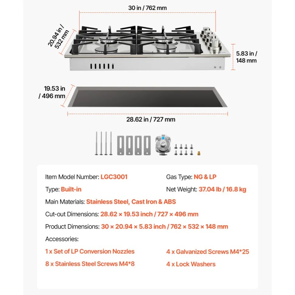 VEVOR Gas Cooktop, 30 inch 4 Burners Gas Stove Top, Max 48000BTU Built-in Stainless Steel Stove Top LPG/NG Convertible Dual Fuel Cooktop Stoves with Sealed Burner for Sear, Stew, Boil, Stir-Fry