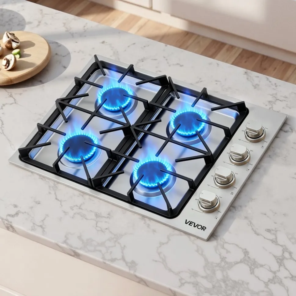 VEVOR Gas Cooktop, 30 inch 4 Burners Gas Stove Top, Max 48000BTU Built-in Stainless Steel Stove Top LPG/NG Convertible Dual Fuel Cooktop Stoves with Sealed Burner for Sear, Stew, Boil, Stir-Fry