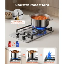 VEVOR Gas Cooktop 12 inch, Max 12250BTU 2 Burners Built-in Stainless Steel Gas Stove Top, LPG/NG Convertible Dual Fuel Natural Gas Hob with Thermocouple Protection for Outdoor, Kitchen, Camping, RV