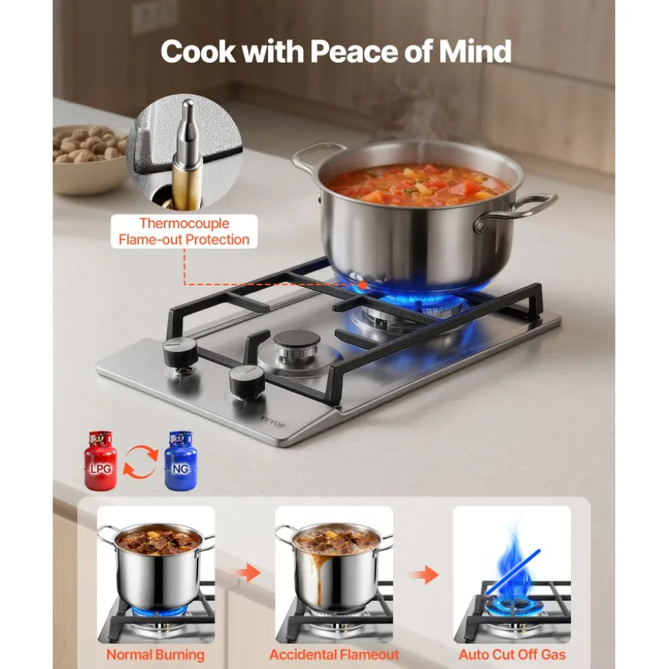 VEVOR Gas Cooktop 12 inch, Max 12250BTU 2 Burners Built-in Stainless Steel Gas Stove Top, LPG/NG Convertible Dual Fuel Natural Gas Hob with Thermocouple Protection for Outdoor, Kitchen, Camping, RV