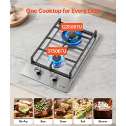 VEVOR Gas Cooktop 12 inch, Max 12250BTU 2 Burners Built-in Stainless Steel Gas Stove Top, LPG/NG Convertible Dual Fuel Natural Gas Hob with Thermocouple Protection for Outdoor, Kitchen, Camping, RV