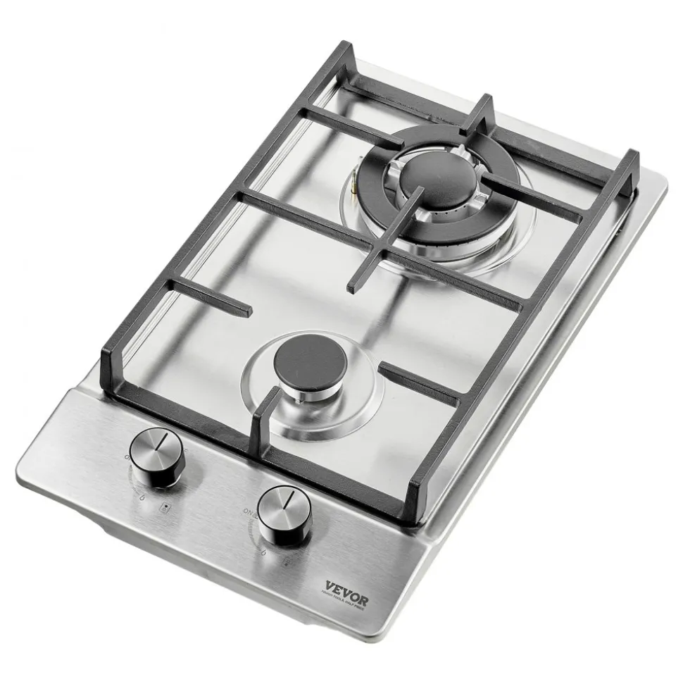 VEVOR Gas Cooktop 12 inch, Max 12250BTU 2 Burners Built-in Stainless Steel Gas Stove Top, LPG/NG Convertible Dual Fuel Natural Gas Hob with Thermocouple Protection for Outdoor, Kitchen, Camping, RV