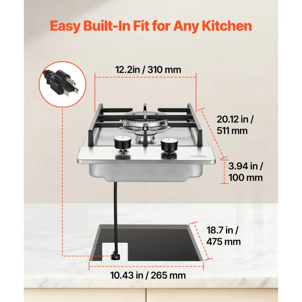 VEVOR Gas Cooktop 12 inch, Max 12250BTU 2 Burners Built-in Stainless Steel Gas Stove Top, LPG/NG Convertible Dual Fuel Natural Gas Hob with Thermocouple Protection for Outdoor, Kitchen, Camping, RV