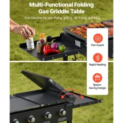 VEVOR Gas Griddle, 4-Burner Flat Top Grill, 36 inch Grill Plate Foldable Propane Griddle with Wheels, 60000 BTU Outdoor Flat Top Grills for Pan-Frying, Grilling, Stir-Frying, & BBQ, Pulse Ignition