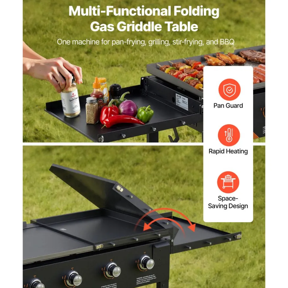VEVOR Gas Griddle, 4-Burner Flat Top Grill, 36 inch Grill Plate Foldable Propane Griddle with Wheels, 60000 BTU Outdoor Flat Top Grills for Pan-Frying, Grilling, Stir-Frying, & BBQ, Pulse Ignition