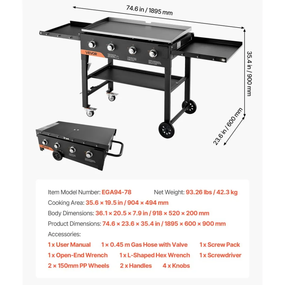 VEVOR Gas Griddle, 4-Burner Flat Top Grill, 36 inch Grill Plate Foldable Propane Griddle with Wheels, 60000 BTU Outdoor Flat Top Grills for Pan-Frying, Grilling, Stir-Frying, & BBQ, Pulse Ignition