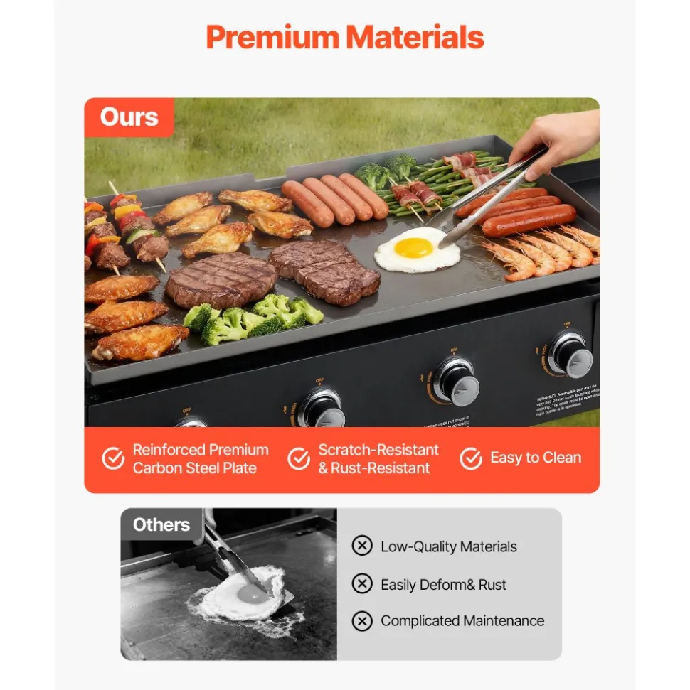 VEVOR Gas Griddle, 4-Burner Flat Top Grill, 36 inch Grill Plate Foldable Propane Griddle with Wheels, 60000 BTU Outdoor Flat Top Grills for Pan-Frying, Grilling, Stir-Frying, & BBQ, Pulse Ignition