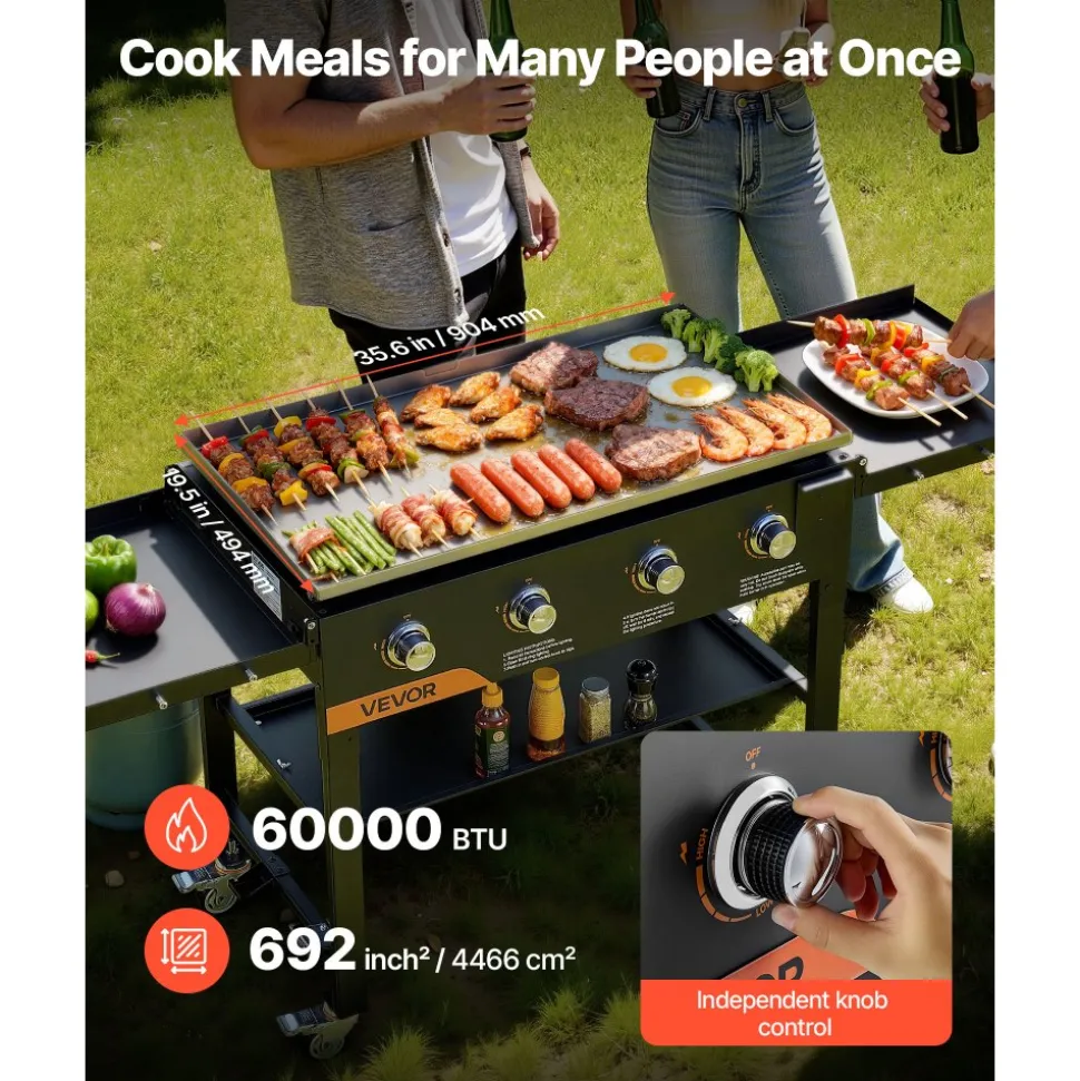 VEVOR Gas Griddle, 4-Burner Flat Top Grill, 36 inch Grill Plate Foldable Propane Griddle with Wheels, 60000 BTU Outdoor Flat Top Grills for Pan-Frying, Grilling, Stir-Frying, & BBQ, Pulse Ignition