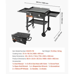 VEVOR Gas Griddle, 2-Burner Flat Top Grill, 28 inch Grill Plate Foldable Propane Griddle with Wheels, 30000 BTU Outdoor Flat Top Grills for Pan-Frying, Grilling, Stir-Frying, & BBQ, Pulse Ignition