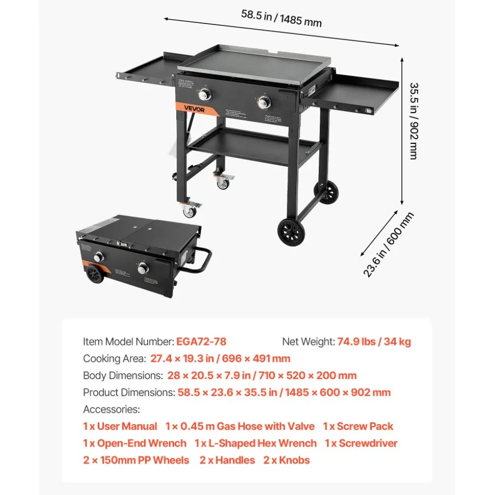 VEVOR Gas Griddle, 2-Burner Flat Top Grill, 28 inch Grill Plate Foldable Propane Griddle with Wheels, 30000 BTU Outdoor Flat Top Grills for Pan-Frying, Grilling, Stir-Frying, & BBQ, Pulse Ignition