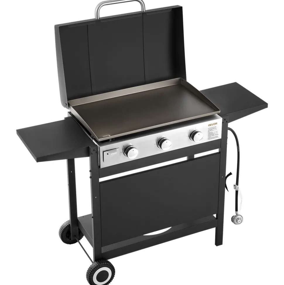 VEVOR Gas Griddle, 3-Burner Flat Top Grill, Propane Griddle with Wheels, Lid, 3 x 11000 BTU Outdoor Flat Top Grills for Pan-Frying, Grilling, Stir-Frying, & BBQ, Pulse Ignition, Removable Top Design
