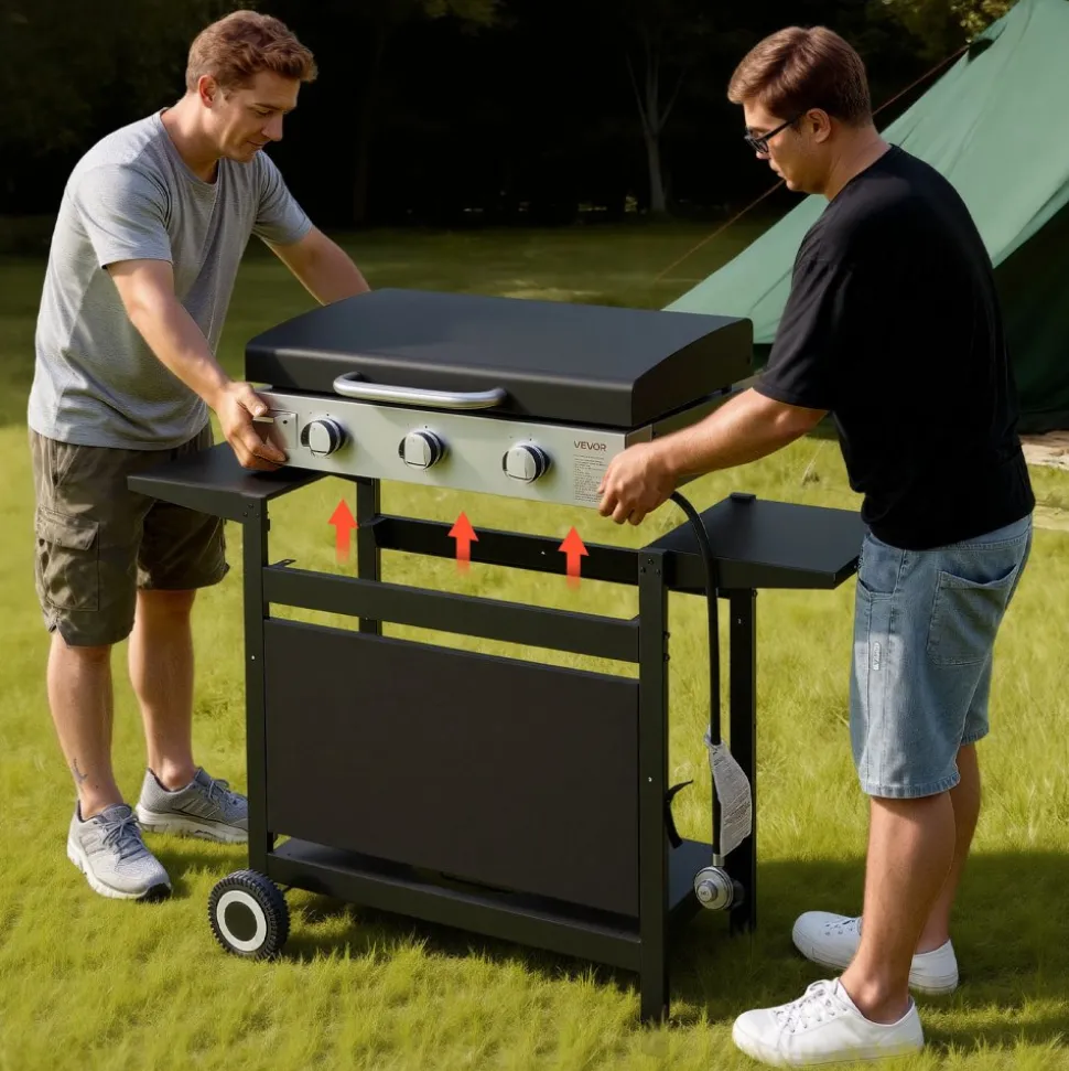 VEVOR Gas Griddle, 3-Burner Flat Top Grill, Propane Griddle with Wheels, Lid, 3 x 11000 BTU Outdoor Flat Top Grills for Pan-Frying, Grilling, Stir-Frying, & BBQ, Pulse Ignition, Removable Top Design