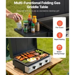 VEVOR Gas Griddle, 3-Burner Flat Top Grill, Propane Griddle with Wheels, Lid, 3 x 11000 BTU Outdoor Flat Top Grills for Pan-Frying, Grilling, Stir-Frying, & BBQ, Pulse Ignition, Removable Top Design