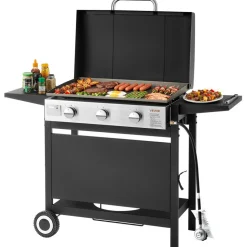 VEVOR Gas Griddle, 3-Burner Flat Top Grill, Propane Griddle with Wheels, Lid, 3 x 11000 BTU Outdoor Flat Top Grills for Pan-Frying, Grilling, Stir-Frying, & BBQ, Pulse Ignition, Removable Top Design