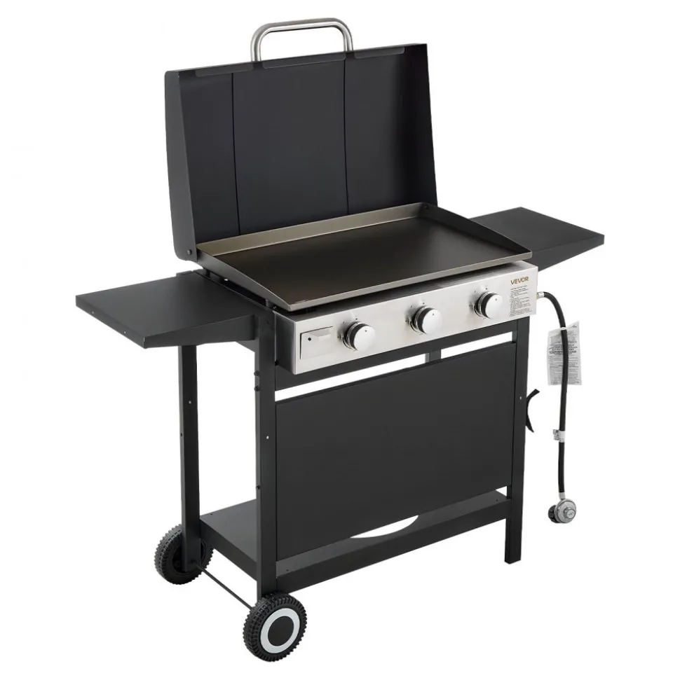VEVOR Gas Griddle, 3-Burner Flat Top Grill, Propane Griddle with Wheels, Lid, 3 x 11000 BTU Outdoor Flat Top Grills for Pan-Frying, Grilling, Stir-Frying, & BBQ, Pulse Ignition, Removable Top Design