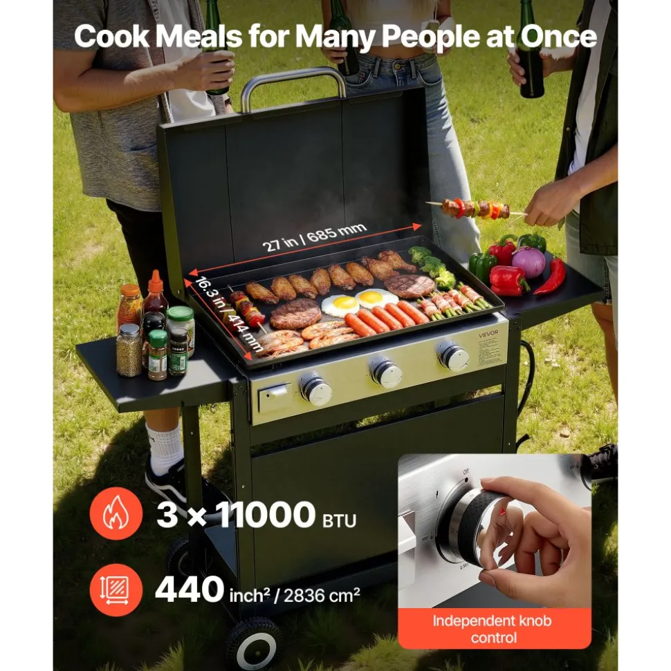 VEVOR Gas Griddle, 3-Burner Flat Top Grill, Propane Griddle with Wheels, Lid, 3 x 11000 BTU Outdoor Flat Top Grills for Pan-Frying, Grilling, Stir-Frying, & BBQ, Pulse Ignition, Removable Top Design
