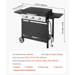VEVOR Gas Griddle, 3-Burner Flat Top Grill, Propane Griddle with Wheels, Lid, 3 x 11000 BTU Outdoor Flat Top Grills for Pan-Frying, Grilling, Stir-Frying, & BBQ, Pulse Ignition, Removable Top Design