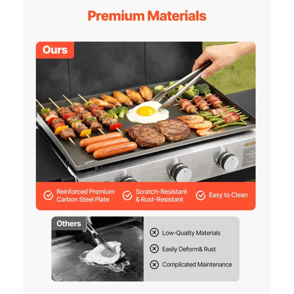 VEVOR Gas Griddle, 3-Burner Flat Top Grill, Propane Griddle with Wheels, Lid, 3 x 11000 BTU Outdoor Flat Top Grills for Pan-Frying, Grilling, Stir-Frying, & BBQ, Pulse Ignition, Removable Top Design