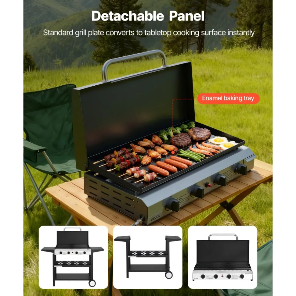 VEVOR Gas Griddle, 4-Burner Flat Top Grill, 29 inch Grill Plate Propane Griddle with Wheels, Lid, 28000 BTU Outdoor Flat Top Grills for Pan-Frying, Grilling, Stir-Frying, & BBQ, Pulse Ignition