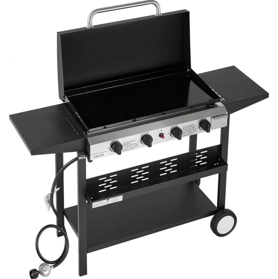 VEVOR Gas Griddle, 4-Burner Flat Top Grill, 29 inch Grill Plate Propane Griddle with Wheels, Lid, 28000 BTU Outdoor Flat Top Grills for Pan-Frying, Grilling, Stir-Frying, & BBQ, Pulse Ignition