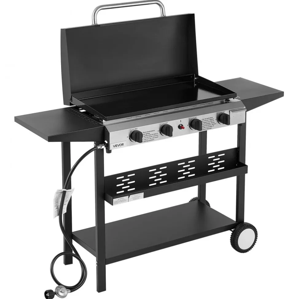 VEVOR Gas Griddle, 4-Burner Flat Top Grill, 29 inch Grill Plate Propane Griddle with Wheels, Lid, 28000 BTU Outdoor Flat Top Grills for Pan-Frying, Grilling, Stir-Frying, & BBQ, Pulse Ignition