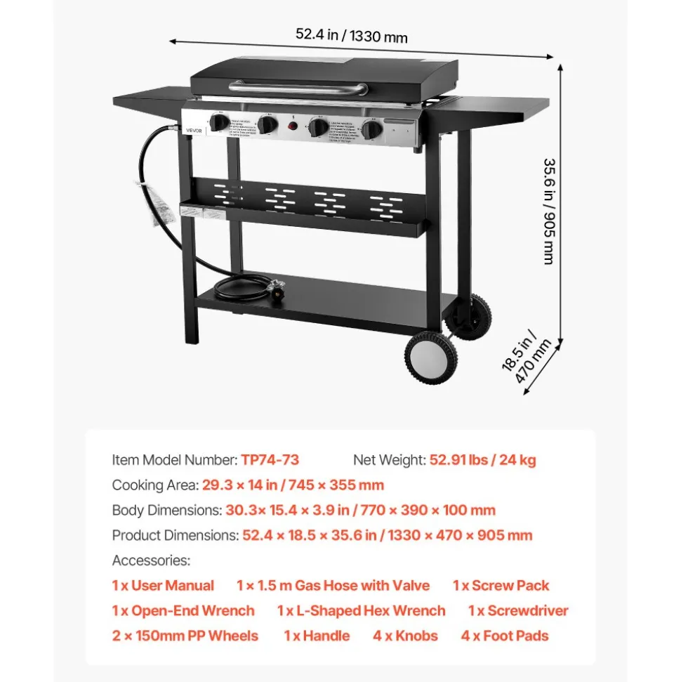 VEVOR Gas Griddle, 4-Burner Flat Top Grill, 29 inch Grill Plate Propane Griddle with Wheels, Lid, 28000 BTU Outdoor Flat Top Grills for Pan-Frying, Grilling, Stir-Frying, & BBQ, Pulse Ignition
