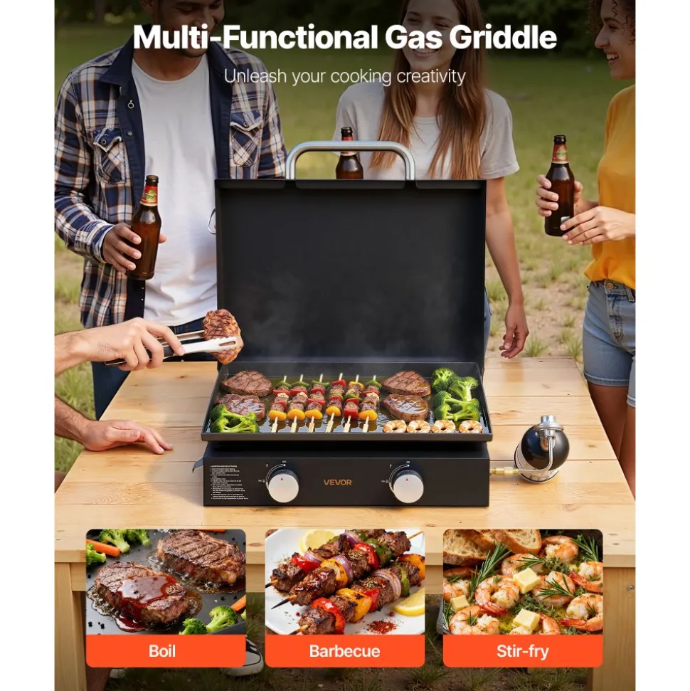 VEVOR Gas Griddle, 2 Burner Tabletop Griddle, 22 inch Portable Griddles Propane with Lid, Oil Drain Hole & Oil Collection Tray, 2 x 11000BTU Camping Flat Top Grill for Outdoor Cooking, Tailgating