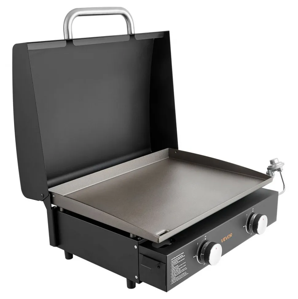 VEVOR Gas Griddle, 2 Burner Tabletop Griddle, 22 inch Portable Griddles Propane with Lid, Oil Drain Hole & Oil Collection Tray, 2 x 11000BTU Camping Flat Top Grill for Outdoor Cooking, Tailgating