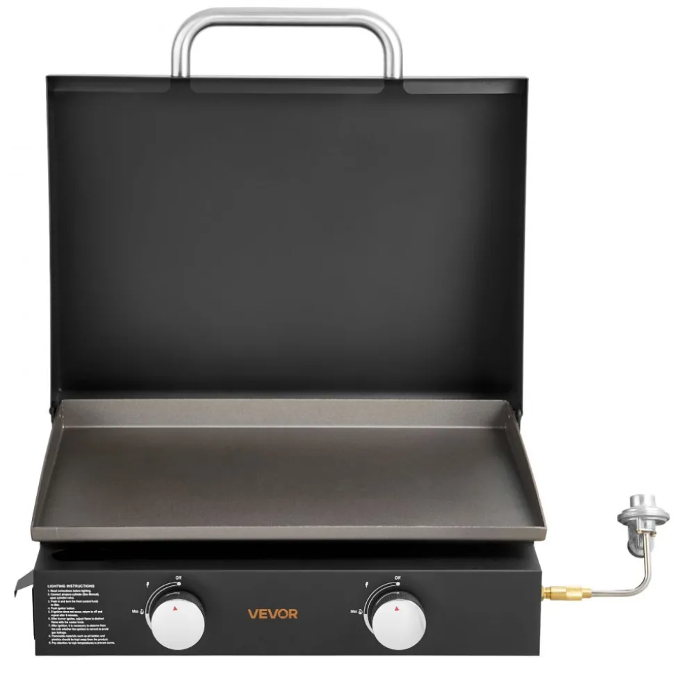 VEVOR Gas Griddle, 2 Burner Tabletop Griddle, 22 inch Portable Griddles Propane with Lid, Oil Drain Hole & Oil Collection Tray, 2 x 11000BTU Camping Flat Top Grill for Outdoor Cooking, Tailgating