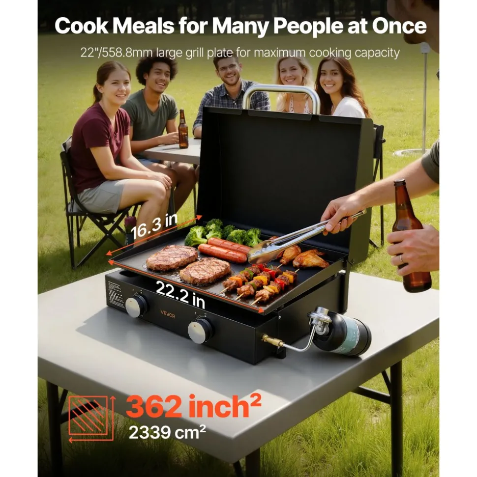VEVOR Gas Griddle, 2 Burner Tabletop Griddle, 22 inch Portable Griddles Propane with Lid, Oil Drain Hole & Oil Collection Tray, 2 x 11000BTU Camping Flat Top Grill for Outdoor Cooking, Tailgating