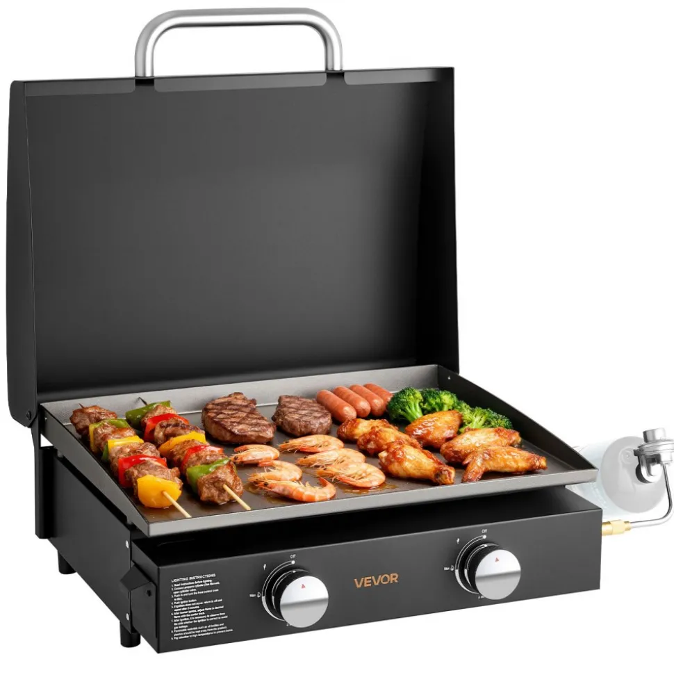 VEVOR Gas Griddle, 2 Burner Tabletop Griddle, 22 inch Portable Griddles Propane with Lid, Oil Drain Hole & Oil Collection Tray, 2 x 11000BTU Camping Flat Top Grill for Outdoor Cooking, Tailgating
