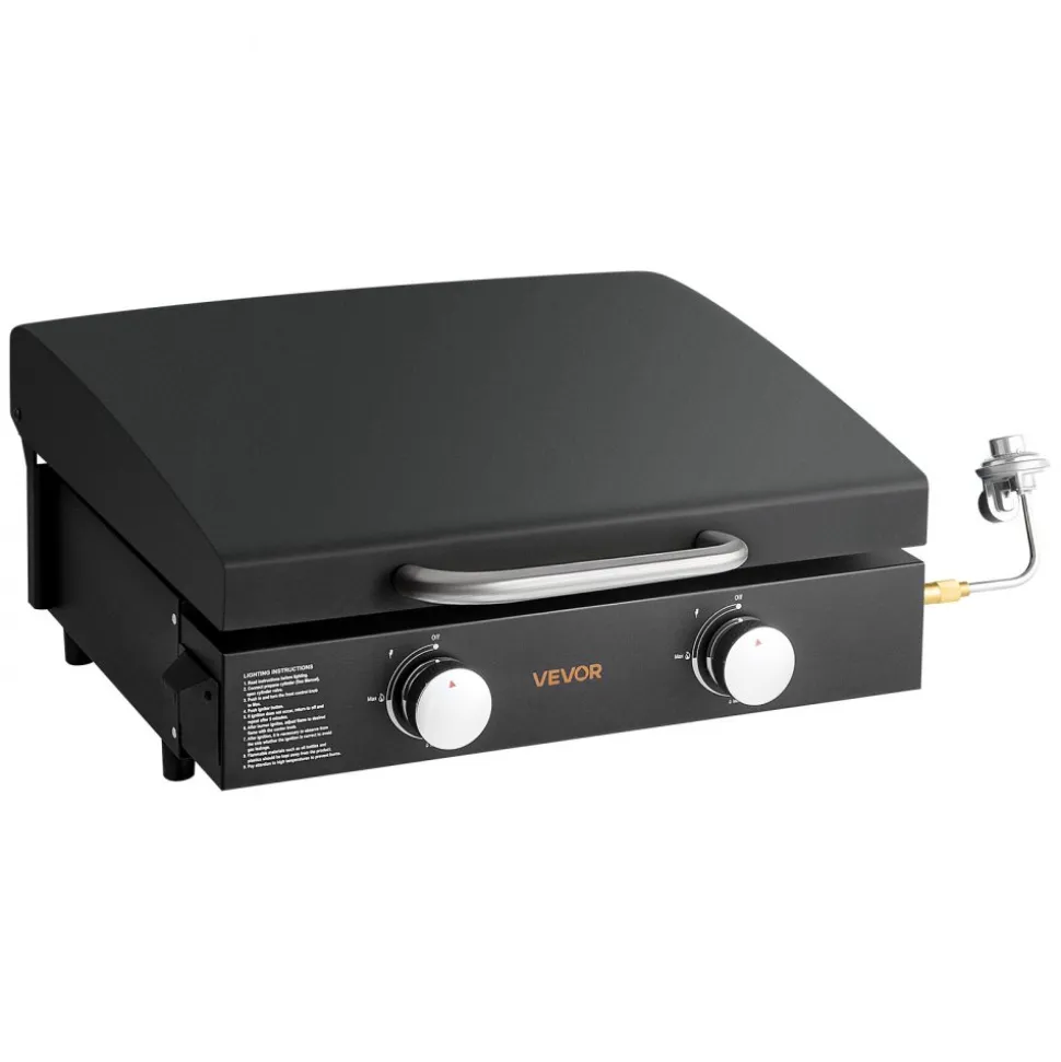 VEVOR Gas Griddle, 2 Burner Tabletop Griddle, 22 inch Portable Griddles Propane with Lid, Oil Drain Hole & Oil Collection Tray, 2 x 11000BTU Camping Flat Top Grill for Outdoor Cooking, Tailgating