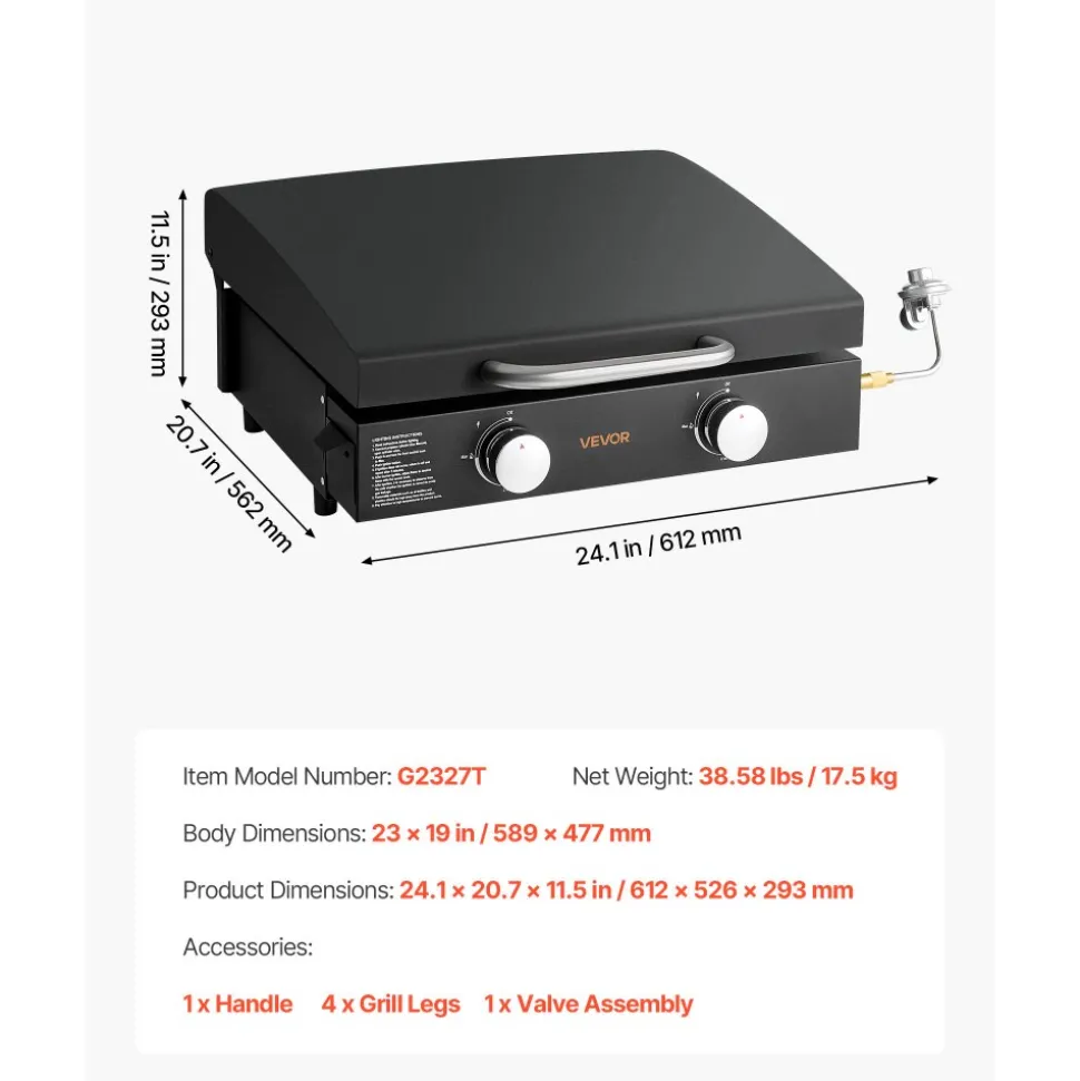 VEVOR Gas Griddle, 2 Burner Tabletop Griddle, 22 inch Portable Griddles Propane with Lid, Oil Drain Hole & Oil Collection Tray, 2 x 11000BTU Camping Flat Top Grill for Outdoor Cooking, Tailgating