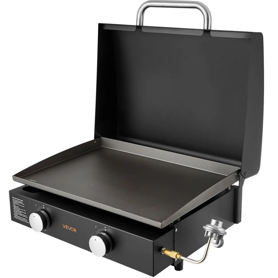 VEVOR Gas Griddle, 2 Burner Tabletop Griddle, 22 inch Portable Griddles Propane with Lid, Oil Drain Hole & Oil Collection Tray, 2 x 11000BTU Camping Flat Top Grill for Outdoor Cooking, Tailgating