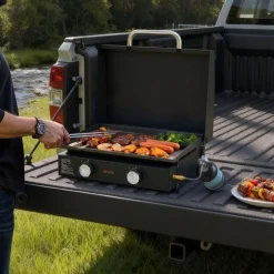 VEVOR Gas Griddle, 2 Burner Tabletop Griddle, 22 inch Portable Griddles Propane with Lid, Oil Drain Hole & Oil Collection Tray, 2 x 11000BTU Camping Flat Top Grill for Outdoor Cooking, Tailgating